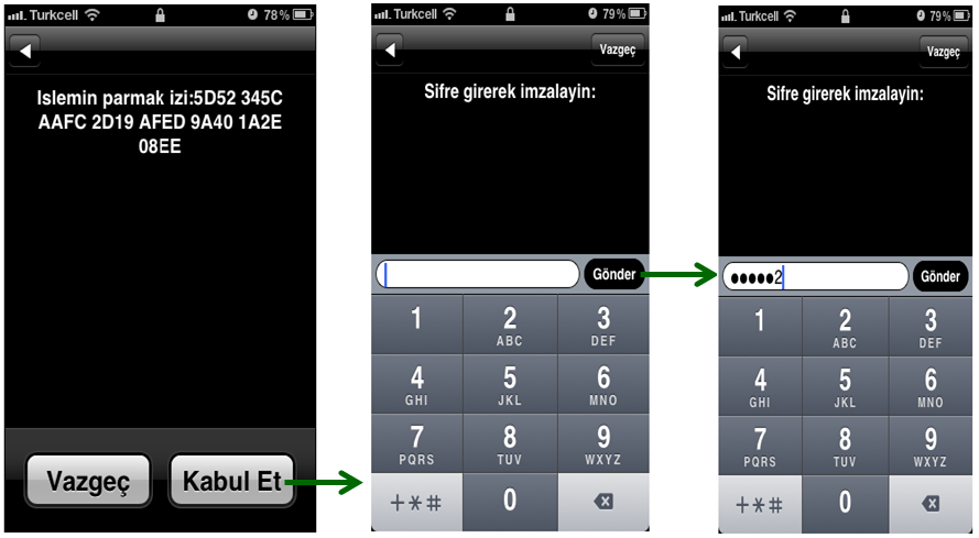 5.12. Müşteri login olduktan sonra mobil imza sürecini daha önce belirlemiş olduğu şifreyi kullanarak tamamlar: o o Müşteri mobil platformdan şifreyi doğru girerse EK-1 Turkcell Mobil İmza Başvuru