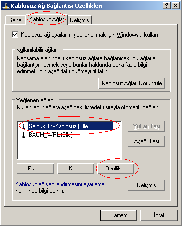 5. Kablosuz Ağ Bağlantısı penceresinde SelcukUnvKablosuz u seçin ve Bağlantıyı Kes e tıklayın. Ardından İlgili Görevler bölümündeki Gelişmiş ayarları değiştir e tıklayın. 6.