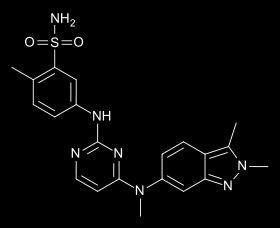 Pazopanib (ticari adı Votrient) güçlü ve selektif VEGFR-1, VEGFR-2, VEGFR-3, PDGFR-a/β, and c-kit