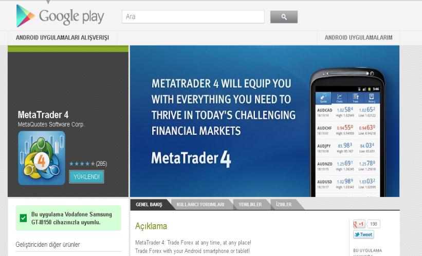 Meta Trader 4 Android Sistem Kurulum Detayları İnternet Explorer dan https://play.google.com/store/apps/details?