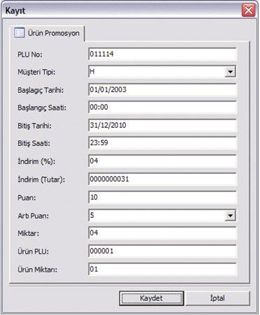 Örnek 2: Bu ürün promosyonu (promosyon kodu U2), 1 Ocak 2003 31 Aralık 2010 arasında tanımlı müşteriler tarafından 11114 PLU nolu ürün alımında uygulanır.