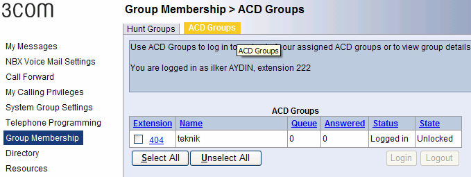Group Membership: Hunt Group: Sistem yöneticisi tarafından üye yapıldığınız çağrı dağıtım grubu (Hunt group) üyeliklerinizi gösterir.