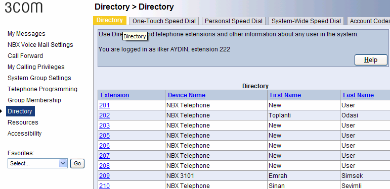 Directory: Dahili telefon listesini bu pencerede görebilirsiniz.