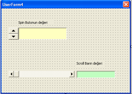 SpinButton ve ScrollBar Kullanımı SpinButton, değer değiştirici olarak bilinen bir form nesnesidir. Üzerindeki aşağı/yukarı veya sağa/sola doğru ok işaretlerine tıklayarak değer değiştirilir.