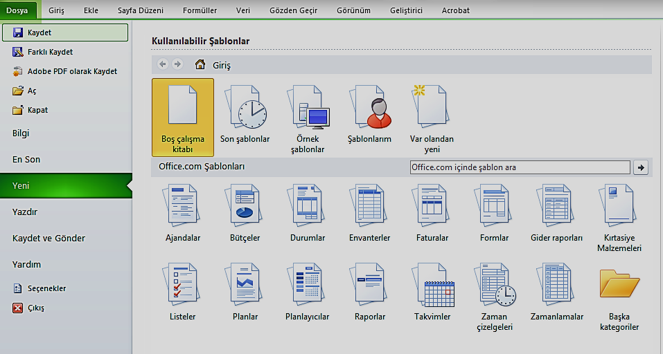 Var olan bir şablonu kullanma; Excel içerisinde hazır olarak bulunan bir şablonu kullanarak düzenleme için çok fazla uğraşmadan, sadece verileri girerek profesyonelce gözüken Microsoft Excel