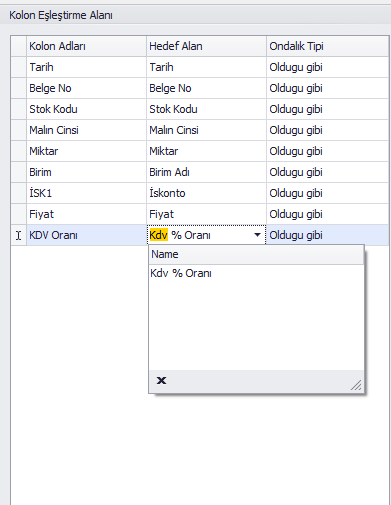 Excel dosyamızı yükledikten sonra Kolon eşleştirme Alanından Excel dosyamızda bulunan kolonları vegawinde oluşacak fatura üzerindeki alanlar ile eşleştirme işlemi yapılır.