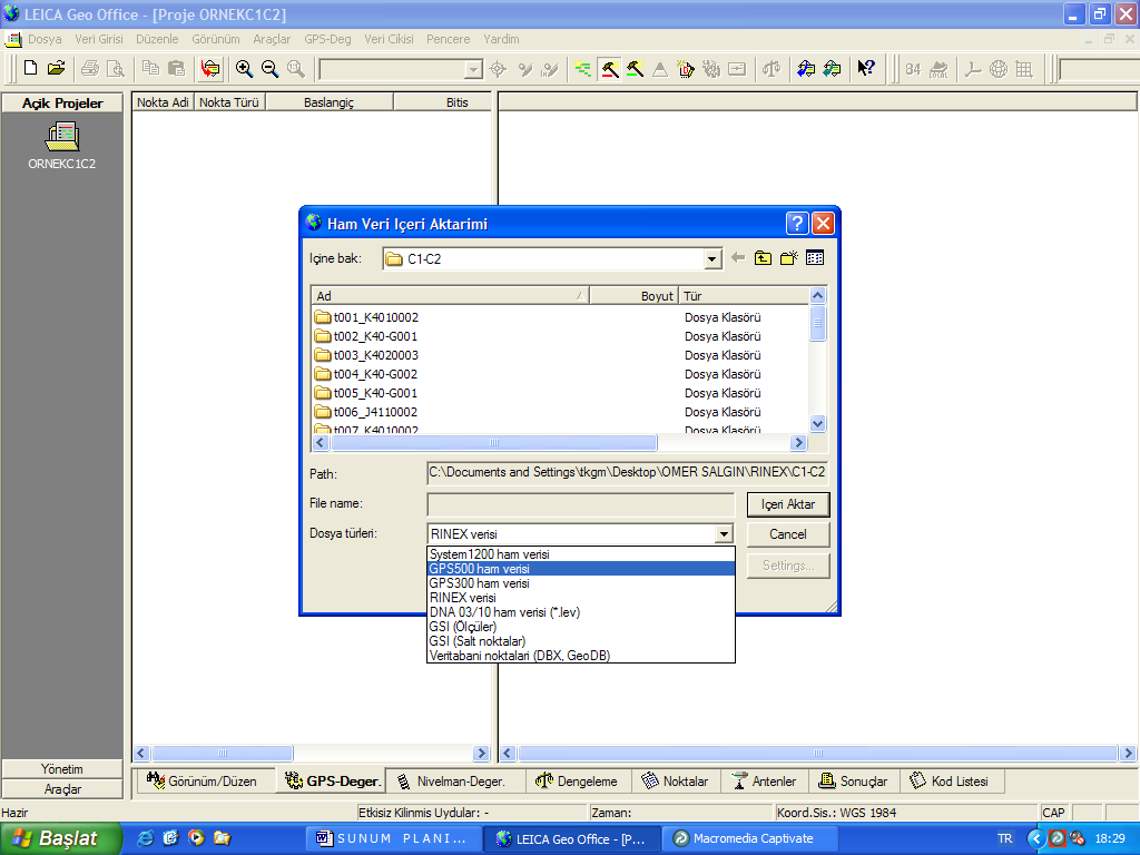13 Bu pencereden LEICA serisi tüm aletlerinin ham datası ile GPS ortak data formatı olan RINEX dataları seçeneğinden projeye