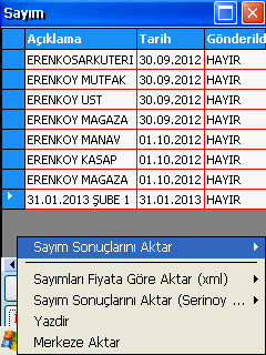 Sayım KL-Retail El Terminali İmleç, yapılan sayımın üzerindeyken işlemler butonundan sayım sonuçlarını aktar seçili aktar yada tümünü aktar seçeneği kullanılarak sayım dosyası programın kurulu olduğu