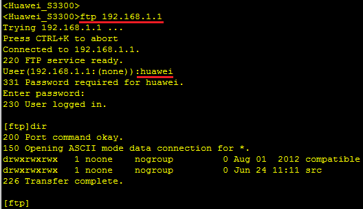 FTP SERVER Bir S3300 switch i ftp server olarak kullanmak için aşağıdaki tanımı girmeniz yeterlidir, Buradaki local-user huawei ftp-directory flash: komutu ile, ftp sunucumuza bağlanacak olan birinin