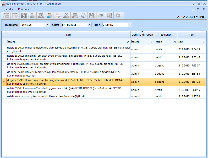 Log Bilgileri SSOAdminConsole üzerinde yapılan SSO Kullanıcı eşlemesi, eşleşmelerin devredışı bırakılması gibi işlemler burada loglanır.