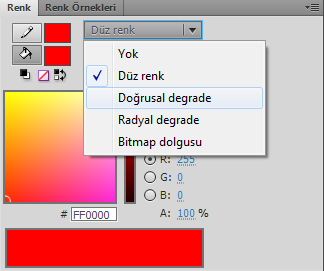 Degrade oluşturmak için; Degrade, Renk Paletinde ayarlandıktan sonra sahnedeki şekle uygulayın. Resim 2.