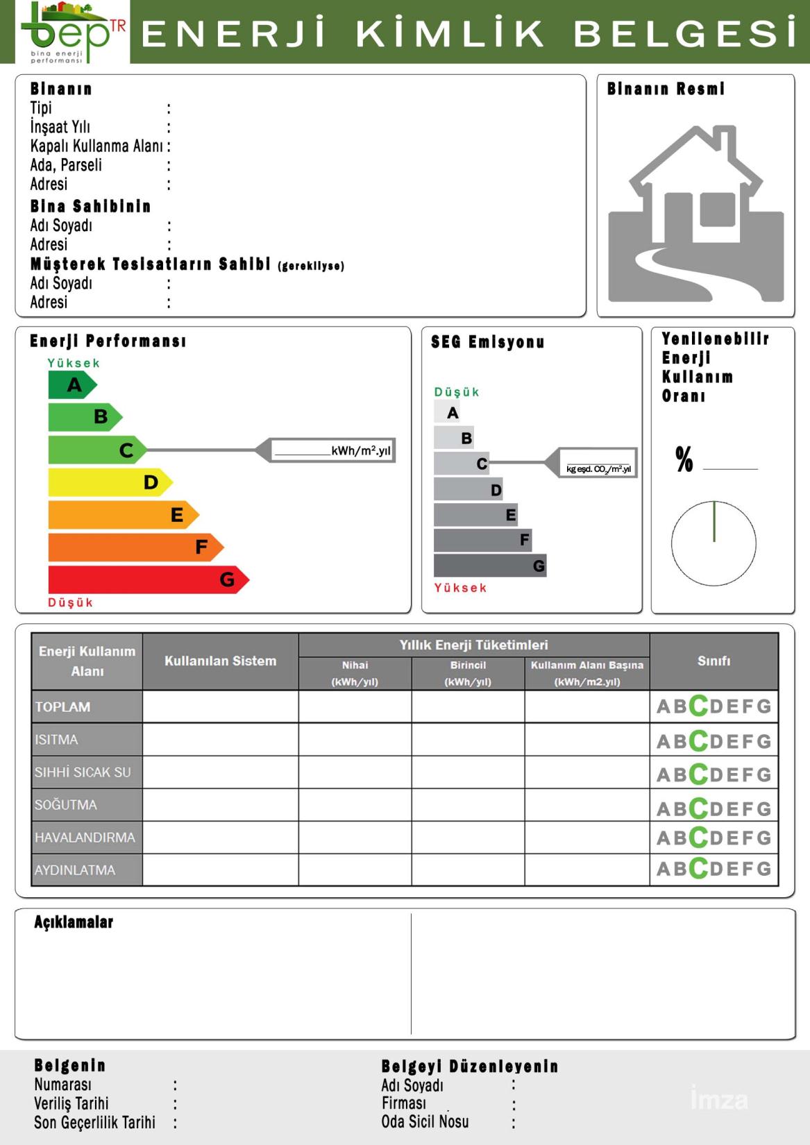 Bina Genel Bilgileri Bina resmi veya modeli Enerji tüketim sınıfı CO2 salımı sınıfı Yenilenebilir Oranı Isıtma Enerji tüketim sınıfı Sıcak su Enerji tüketim sınıfı Soğutma