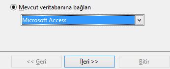 Veritabanı Sihirbazı penceresinden ikinci seçeneğimiz Mevcut olan veritabanı dosyasını aç özelliği seçili iken Aç düğmesine