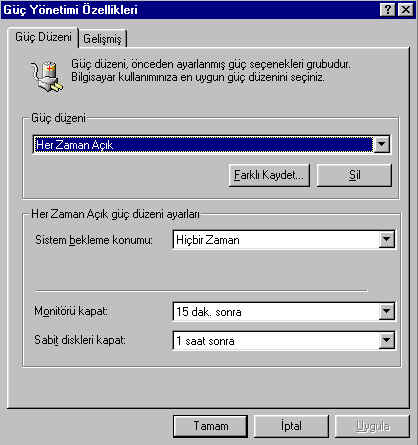 GÜÇ YÖNETĠMĠ Güç yönetimi ile ilgili ayarları yapabilmek için önce Denetim Masası penceresindeki Güç Yönetimi simgesine çift tıklayın... Windows 98, "yeģil" bilgisayar sistemlerini destekler.