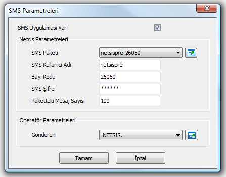 SMS Parametreleri nde, istenen SMS Paketi seçildikten sonra, buna ait SMS kullanıcı adı ve ilgili bayi kodu girilmesi gerekiyor.