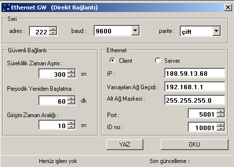 GEPA PC SUIT programında "cihazlar" sütununun altında,direkt bağlantı kümesinde "Ethernet GW" yazısı çift tıklanır. Bu pencere "Server" olarak çalışmada anlatıldğı gibi gibi doldurulur.