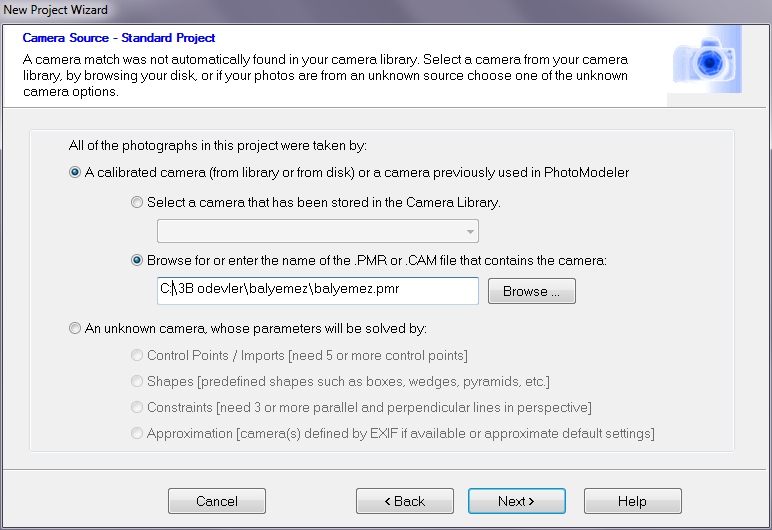 Şekil 13 Kamera kalibrasyonun seçilmesi Eğer Projeye bütün fotoğraflar aktarılmamışsa ya da yeni fotoğraflar eklenecekse File menüsü