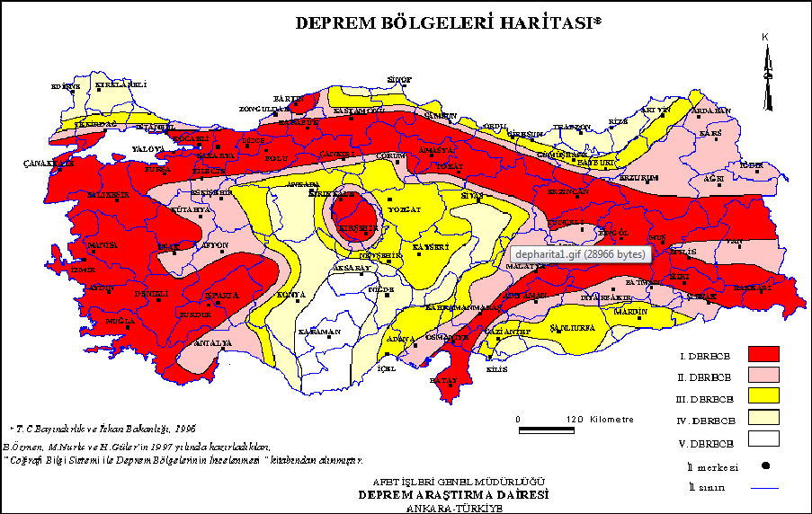 Şekil 4.2 : Türkiye deprem bölgeleri haritası Bununla birlikte büyük sanayi kuruluşlarımızın yaklaşık %90 ı ve barajlarımızın %93 ü deprem riski olan bölgelerdedir.