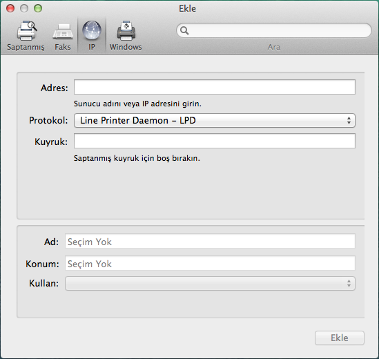 Mac OS için EX/i Print Server 47 1 Ekle iletişim kutusunda IP simgesini tıklatın.