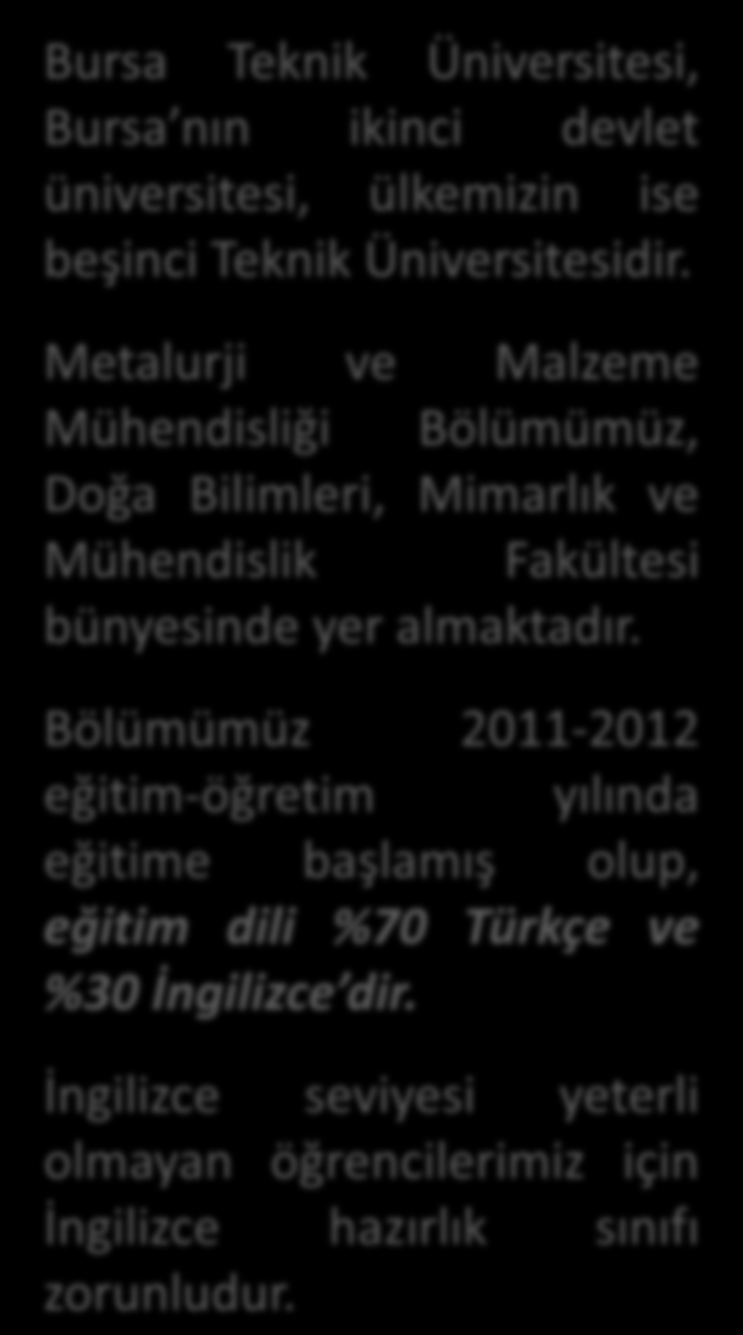 Metalurji ve Malzeme Mühendisliği Bölümümüz, Doğa Bilimleri, Mimarlık ve Mühendislik Fakültesi bünyesinde yer