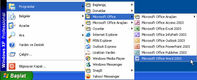 Microsoft Word programını çalıştırmak için Başlat menüsü>tüm Programlar>Microsoft Office>Microsoft Word seçilir. Word programını Başlat menüsü>çalıştır>winword.exe yazarak da çalıştırabiliriz.