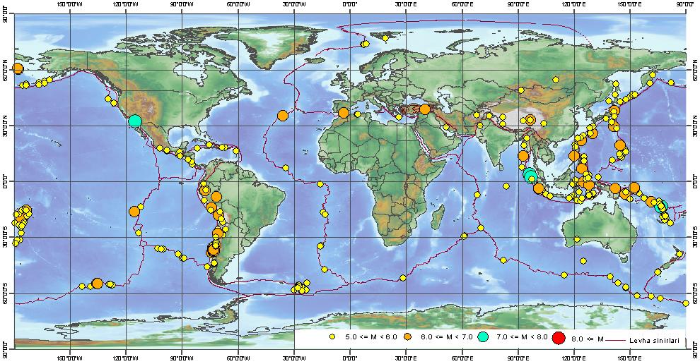 2010 MAYIS AYINDA DÜNYA DA ÖNE ÇIKAN DEPREM AKTİVİTELERİ 2010 Mayıs ayı içerisinde Dünya da büyüklüğü 5 ve üzeri olan toplam 435 adet deprem meydana gelmiģtir (ġekil 9) (http://neic.usgs.gov).