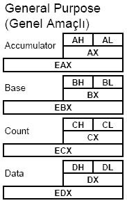 GENEL AMAÇLI KAYDEDİCİLER Data (EDX, DX, DH, DL): Bazı giriş/çıkış komutlarında bu kaydedicinin kullanılması