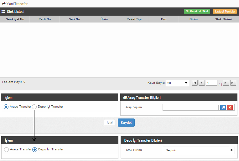 5. Transfer 5.1. Transfer Ekranı Bu ekranda yetkili kişi kendi biriminden farklı birim/birimlere veya depo içi farklı bir stok birimine stok transferi yapmak için kullandığı ekrandır.
