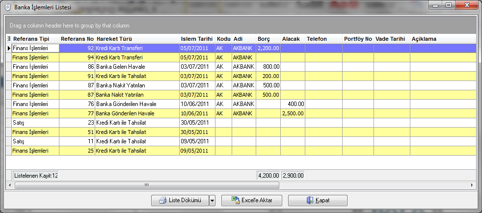 6.19. Banka İşlemleri Raporu Banka Hareketleri Raporu, istenen kriterlere göre alınır. Sorgu sonucundan Liste dökümü alınabilir.