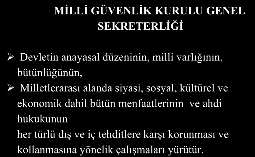 MİLLİ GÜVENLİK KURULU GENEL SEKRETERLİĞİ Devletin anayasal düzeninin, milli varlığının, bütünlüğünün, Milletlerarası alanda siyasi, sosyal, kültürel