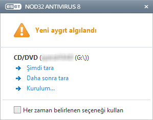 4.1.2 Çıkarılabilir medya ESET NOD32 Antivirus, otomatik çıkarılabilir medya (CD/DVD/USB/...) tarama işlemini sağlar. Bu modül, takılı bir medyayı taramanıza olanak sağlar.