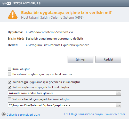 Varsayılan eylem olarak Sor seçeneğini belirlerseniz ESET NOD32 Antivirus, her işlem çalışmasında bir iletişim penceresi görüntüler. İşlem için Reddet veya İzin Ver seçeneklerini belirleyebilirsiniz.