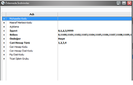 Ödemede İndirimler Muhasebe Bağlantı Kodları Ödemede indirimlere ait işlemlerin muhasebeleştirme yapıldığında izleneceği muhasebe hesap kodlarının verildiği seçenektir.