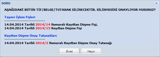 2014/2 Kayıttan Düşme Teklif ve Onay Tutanağına bağlı 2014/14 ve 2014/15 nolu TİFler bulunmaktadır. Bu nedenle 2014/14 nolu TİFin tek başına iptal edilmesi mümkün değildir.