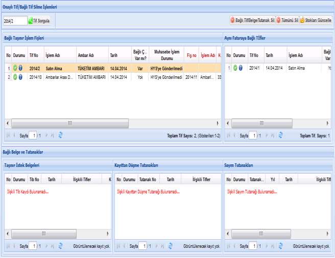 2014/2 nolu TİF sorgulandığında ilgili TİF turuncu renkte 2014/10 nolu TİF beyaz renkte listelenmektedir.