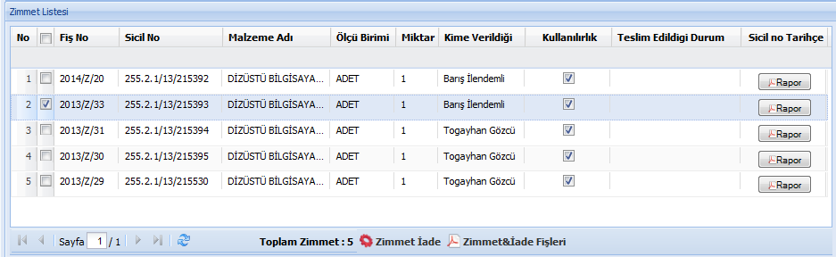 Butona tıklandığında işlemin başarılı şekilde sonuçlandığını gösteren Zimmet İade İşleminiz başarıyla gerçekleştirilmiştir.