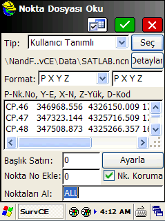 Yandaki örnekte NandFlash/SurvCE/Data dizinine kopyalanmış olan SATLAB.ncn dosyası seçilmiştir.