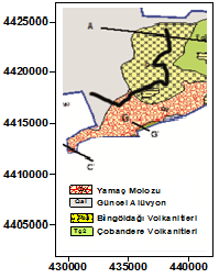 33 Şekil 3.3. Çalışma alanının jeoloji haritası (Penirci vd 2011) Yamaç Molozu ve Alüvyon Konisi (Qy): Yamaç eteklerinde ve akarsu vadi ağızlarında oluşmuş tutturulmamış çakıl, kum ve çamur depolarıdır.