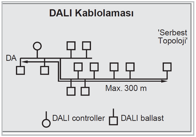 Min 1,5 mm 2 DALI hattının maksimum uzunluğu 300 metredir.