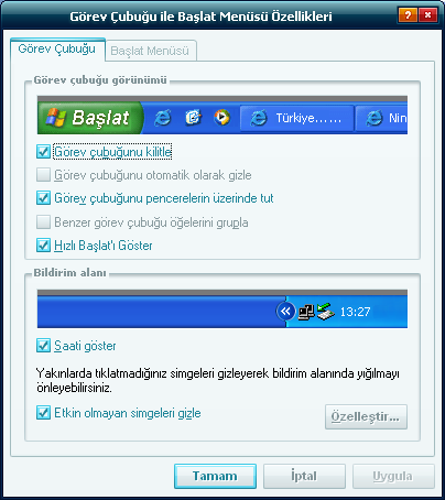 Özelleştir düğmesine tıklayarak Başlar menüsünde görünecek olan program sayısını değiştirebilirsiniz. GÖREV ÇUBUĞUNU YAPILANDIRMA buradan Görev Çubuğuna tıklayın.