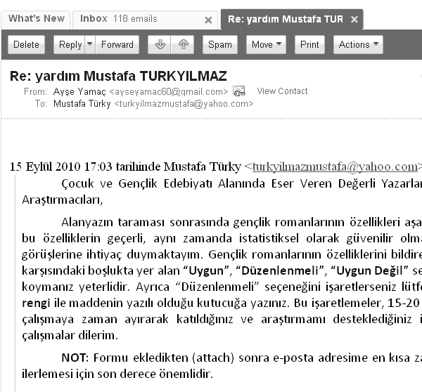 415 Görüntü 6. Gülsüm Cengiz in Gençlik Romanlarının Özellikleri İle İlgili Forma Cevaben Gönderdiği E-Posta Görüntü 7.