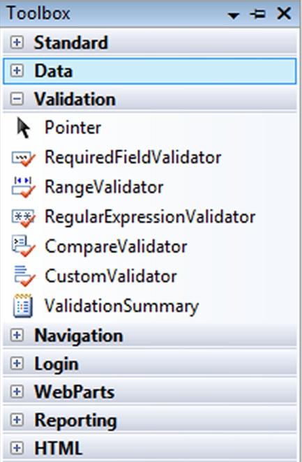 Resim 2.5: ToolBox da ki Doğrulama (Validation) kontrolleri 2.3.1.