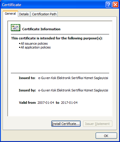 Bu ekrandaki Sertifikayı Yükle/Install Certificate düğmesine bastıktan sonra gelen ekrandan adımları takip ederek kök sertifikasını bilgisayarınıza yüklemiş olursunuz.