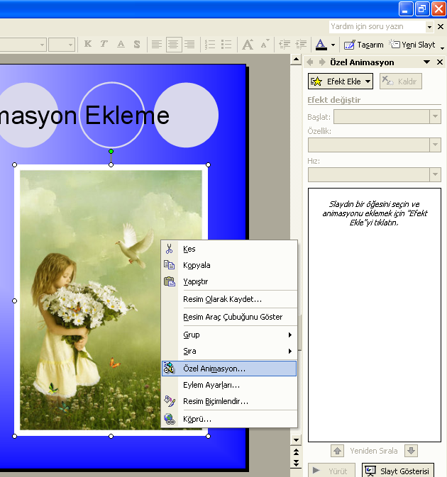 Resim ve Yazılara Animasyon Ekleme Herhangi bir resme hareket kazandırmak için; resmin üzerine sağ tıklanır.