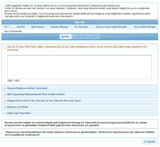 Başvuru Sahibi Bilgileri Kaynaklar-Kar Amacı Gütmeyen Kuruluşlar Başvuru sahibi bilgileri kaynaklar bölümünde mali veri, üçüncü kişilerce verilen teminatlar, mali kapasiteyi etkileyebilecek risk ve
