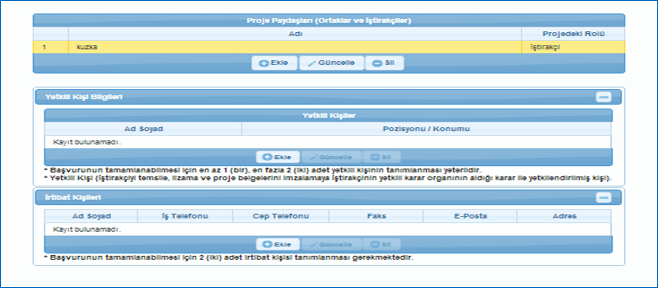 Ortaklar ve İştirakçiler Yetkili kişi belirlemek için «ekle» butonuna tıklanarak, açılan pencerede temsil ve ilzama yetkili kişinin adı-soyadı ve unvanı bilgileri girilmeli ve yine «ekle» butonuyla