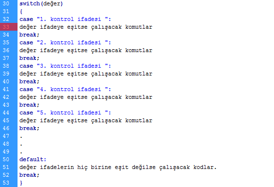 Akış Denetimi (switch) case ifadesi içerisinde kodlar yazılıp bir diğer