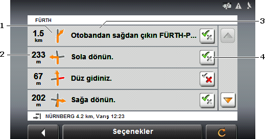 1 Ok alanı, dönüş yapacağınız bir sonraki dörtyolun (kavşağın) şematik görüntüsünü gösterir. 2 Bu dörtyola (kavşağa) kadar kalan mesafe. 3 Sapmanız gereken caddenin sürüş talimatı ve gerekirse tanımı.