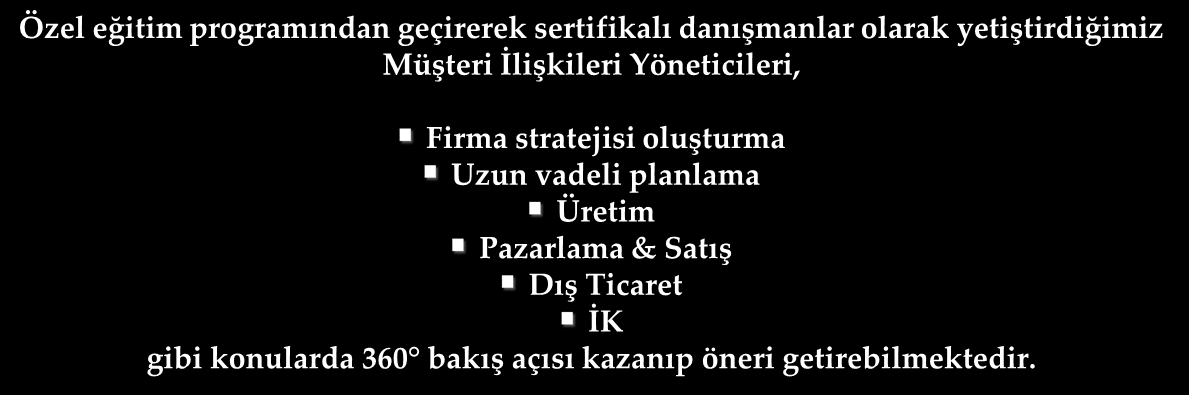 TEB KOBİ Danışmanları & İşletme Uzmanları Özel eğitim programından geçirerek sertifikalı danışmanlar olarak yetiştirdiğimiz Müşteri İlişkileri Yöneticileri, Firma stratejisi oluşturma Uzun